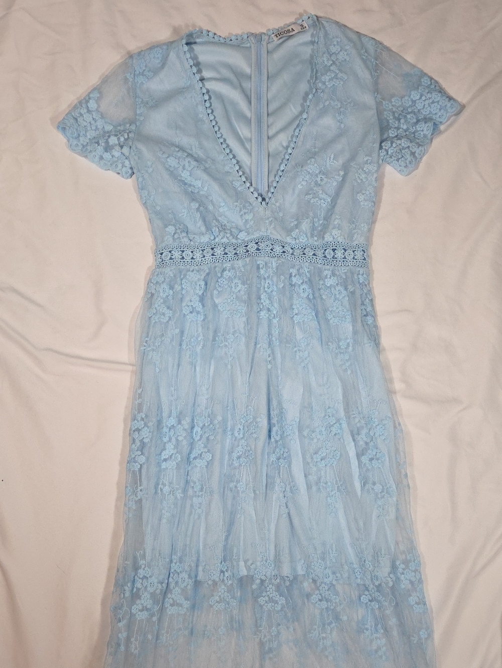 Ticosa Embroidered Floral Blue Lace V-neck Flutter Sleeve Dress size S